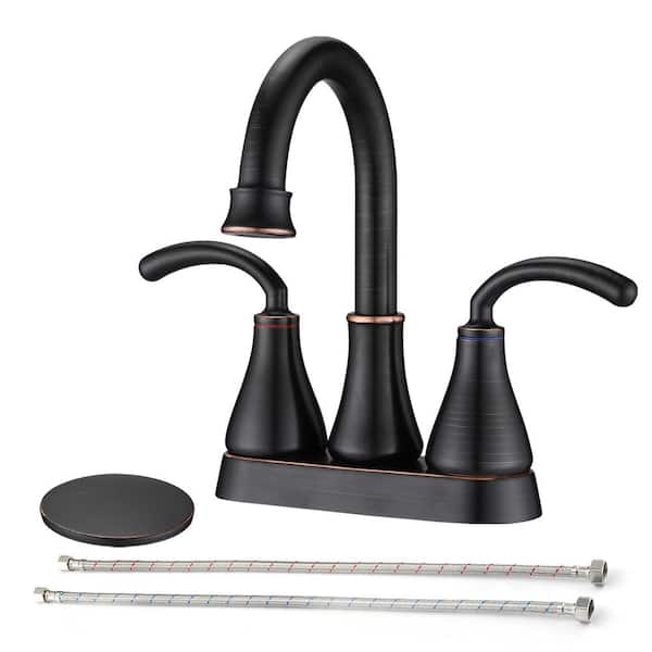 Staykiwi 4 in. Centerset Double Handle Mid Arc Bathroom Faucet with Drain Kit Included in Oil Rubbed Bronze