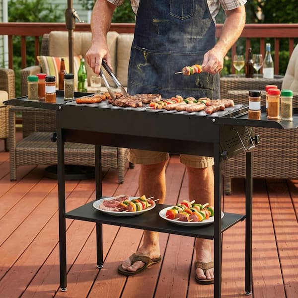 12 in. Foldable Charcoal Grill in Black with Adjustable Height and Folding Side Tables, for Outdoor Cooking, Camping
