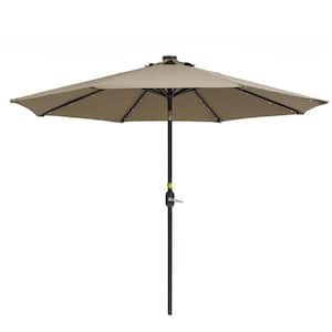9 ft. Steel Tan Outdoor Solar LED Tiltable Patio Umbrella Market Umbrella with Crank Lift