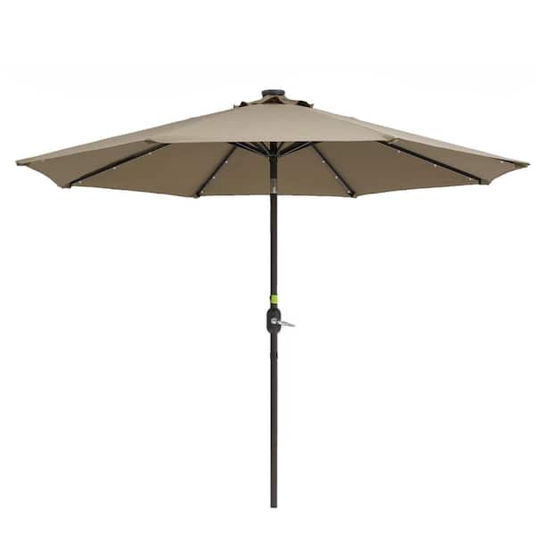 Unbranded 9 ft. Steel Tan Outdoor Solar LED Tiltable Patio Umbrella Market Umbrella with Crank Lift