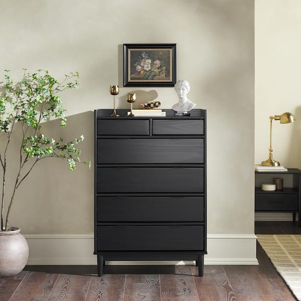 Mid-Century Modern Black 6 Drawer 30 in. W Solid Wood Dresser with Tray Top