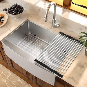 33 in. Farmhouse Single Bowl 16 Gauge Brushed Nickel Stainless Steel Kitchen Sink with Bottom Grids