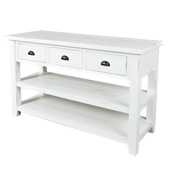 Benjara 50 in. Weathered White Standard Rectangle Wood Console Table with 3-Drawers