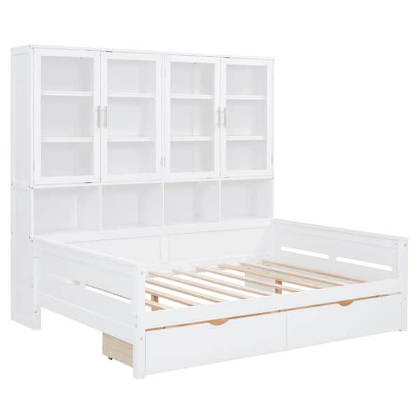 White Full Size Daybed with 2 Drawers, Built-in LED Lighting and Storage Cabinets