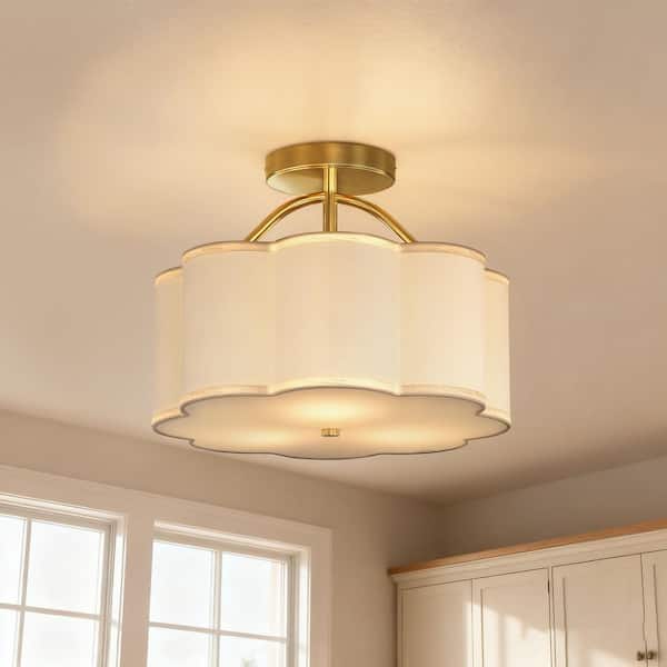 13 in. 3-Light Gold Metal Semi Flush Mount Ceiling Light, Modern Ceiling Fixture with Fabric Flower Shade for Bedroom