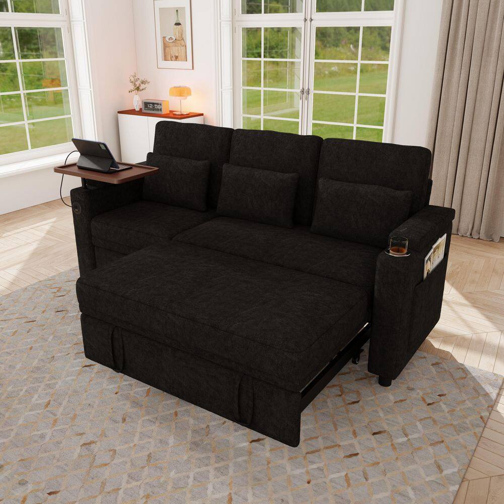 Black chenille convertible sofa bed with pull-out bed section and side table.