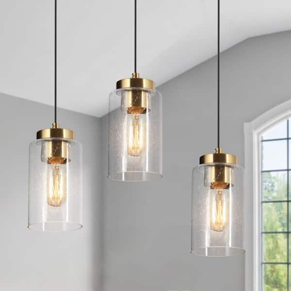 4.7 in. 1-Light Brass Gold Mini Pendant Light, Cylinder Seeded Glass Pendant Hanging Light, Modern Black Light Fixture