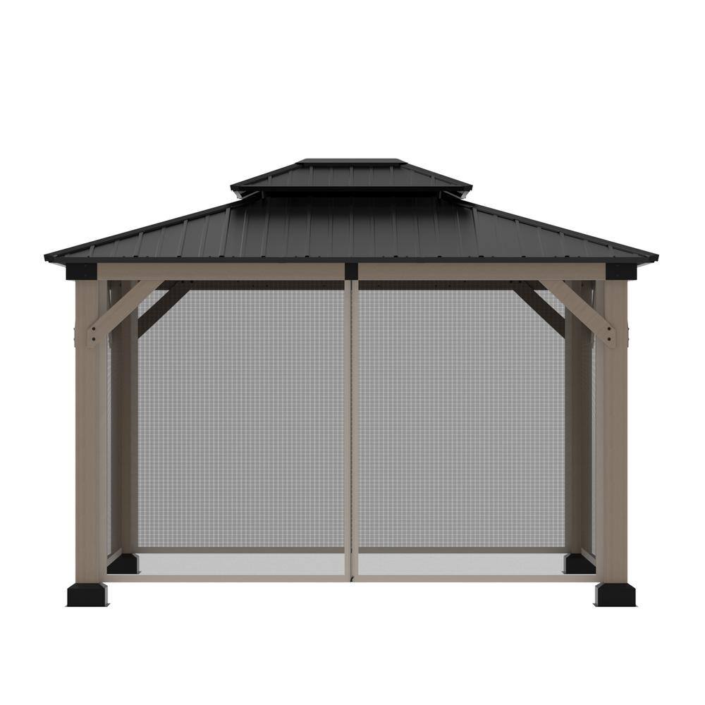 Mondawe 10'x12' Permanent Hardtop Gazebo Canopy Cedar Wood Framed Pavilion with Galvanized Steel Double Roof for Patio Lawn and Garden, Netting Included