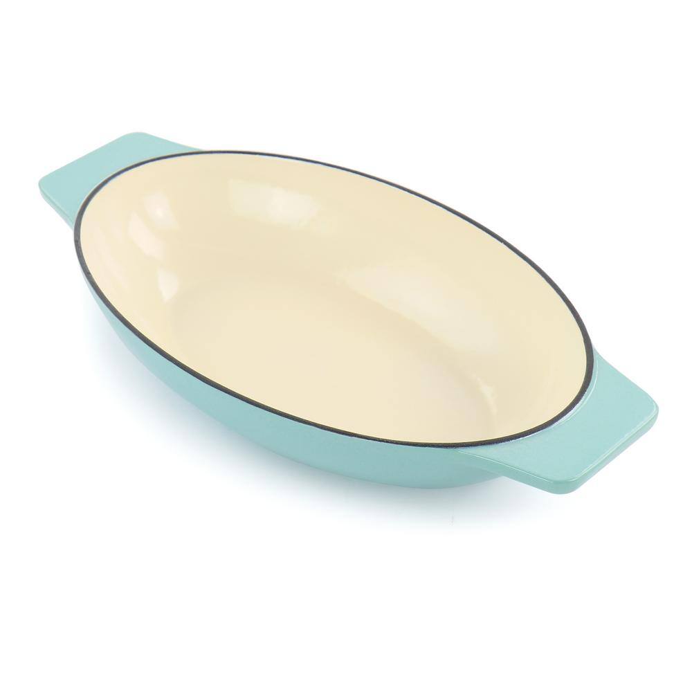 Oval Blue Cast Iron Casserole with Birch Wood Trivet