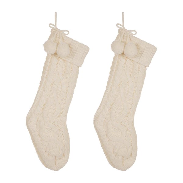 Glitzhome 2-Pack 24 in. H Knitted Polyester Christmas Stocking with Pom Pom Ball-White