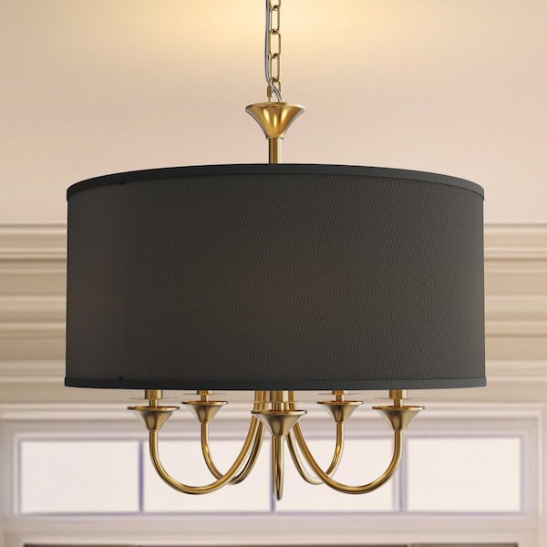20 in. 5-Light Gold Candle Style Empire Chandelier with Black Fabric Shade for Elegant Home Decor
