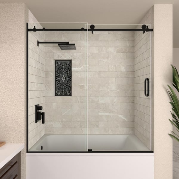 tydex Noir 60 in. W x 60 in. H Sliding Semi Frameless Tub Door in Matte Black Finish with Clear Glass