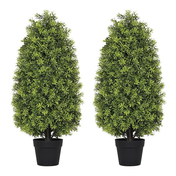 Set of 2 2.3 ft. Artificial Ming Fern Cone Trees Bonsai-UV Resistant Faux Topiary for Outdoor Indoor Decor
