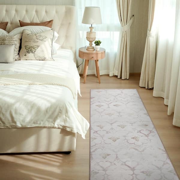 Leilani Damask Ivory 2.5 ft. x 7 ft. Machine Washable Runner Rug
