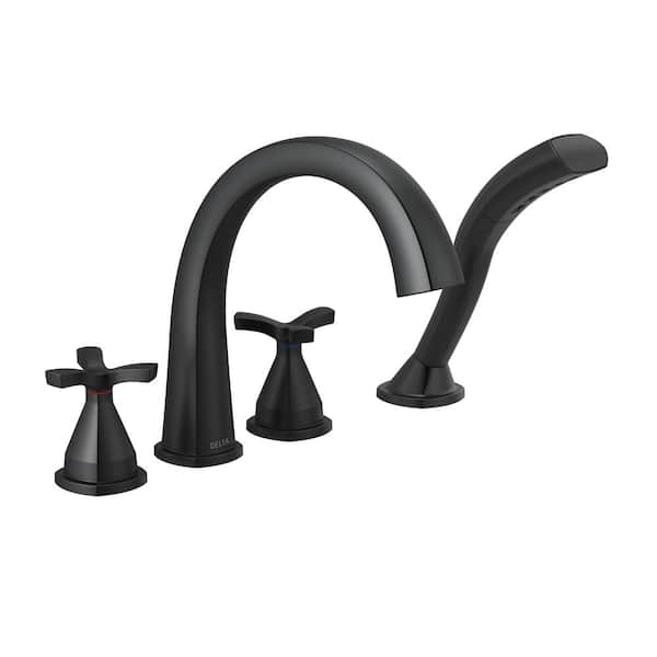 Delta Stryke 2-Handle Deck Mount Roman Tub Faucet Trim Kit in Matte Black with Hand Shower (Valve Not Included)