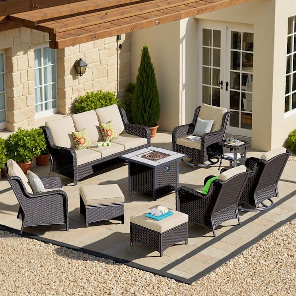 OVIOS New Kenard Brown 9-Piece Wicker Patio Fire Pit Conversation Set with Beige Cushions and Swivel Rocking Chairs