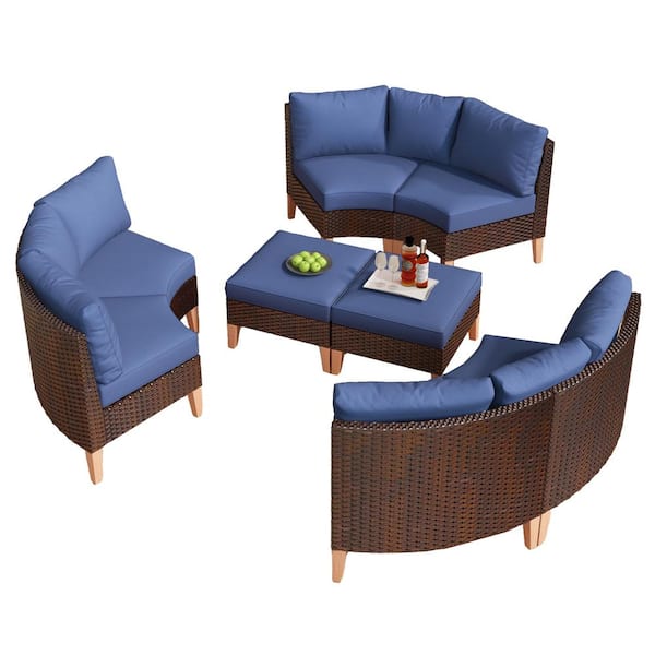 Pocassy Modular Sofa Collection - 8 Piece Brown Wicker Outdoor Conversation Set Sectional with CushionGuard Blue Cushions