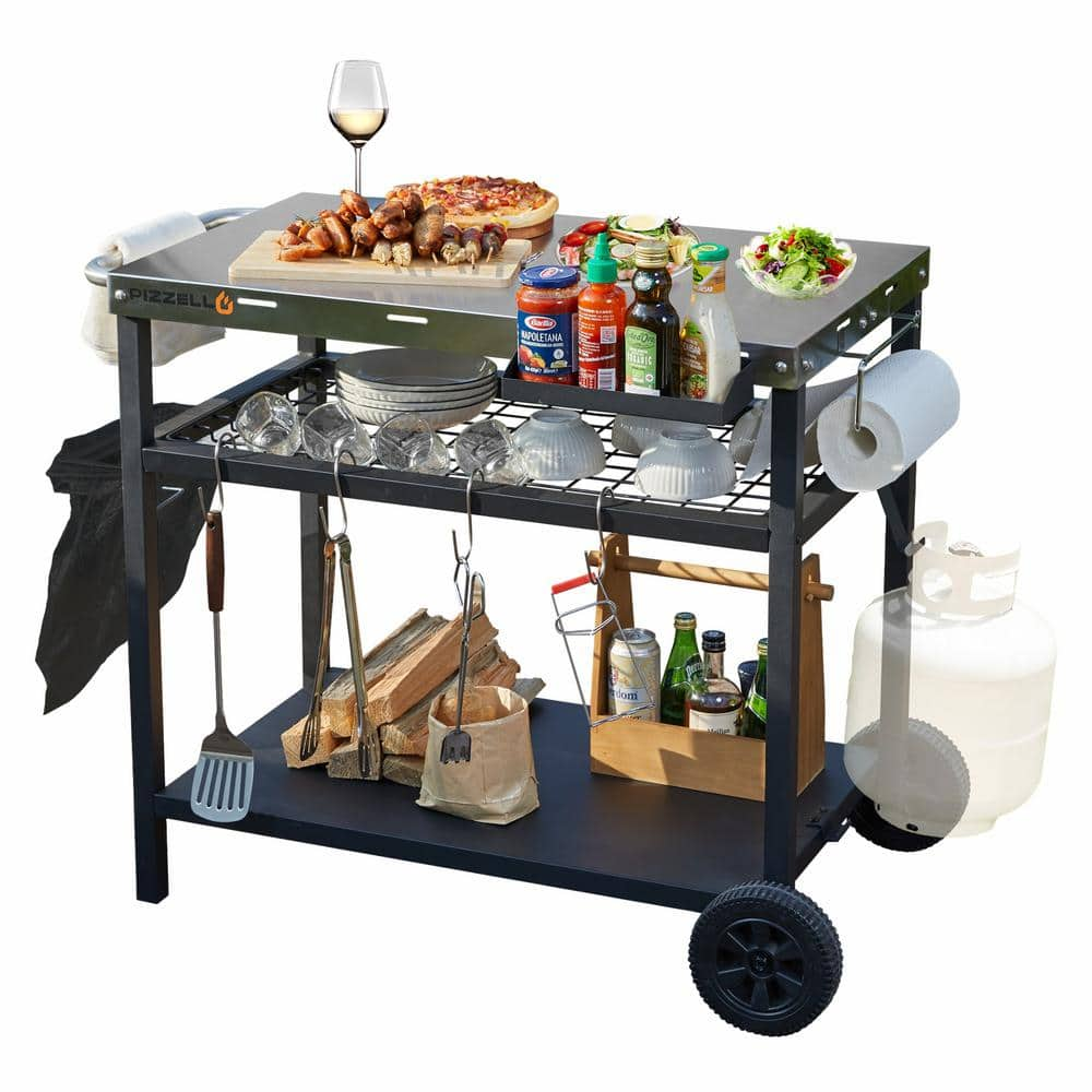 INNUMIA Silver Outdoor 3-Shelf Grill Cart Movable Barbeque Cart Outdoor Pizza Oven Table and Prep Station