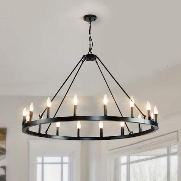 Magic Home Lagre Wagon 16-Light Farmhouse Round Wheel Chandelier Dining Room Pendant Light, Black and Black