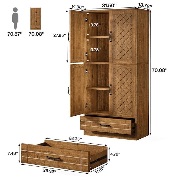 Keenyah Brown Engineered Wood 31.5 in. Pantry Cabinet with Drawer and Storage Shelves