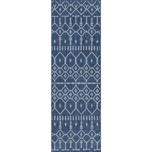 Veranda Geometric Navy 3 ft. x 8 ft. Indoor/Outdoor Runner Rug