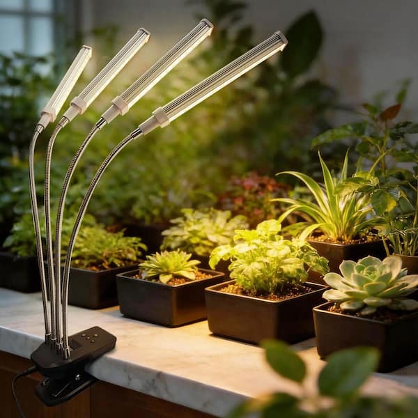 4-Head Plant Grow Light with Clip, Full Spectrum Indoor Plant Light, Adjustable Gooseneck Growing Lamp for Desk