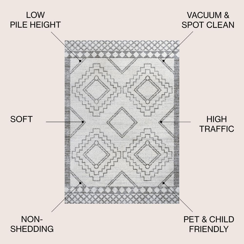 Cream and Gray Geometric Synthetic Square Area Rug