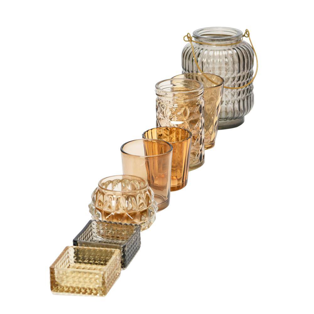 Paulownia Wood Tray with Multicolor Embossed Glass Votive Holders, Set of 8