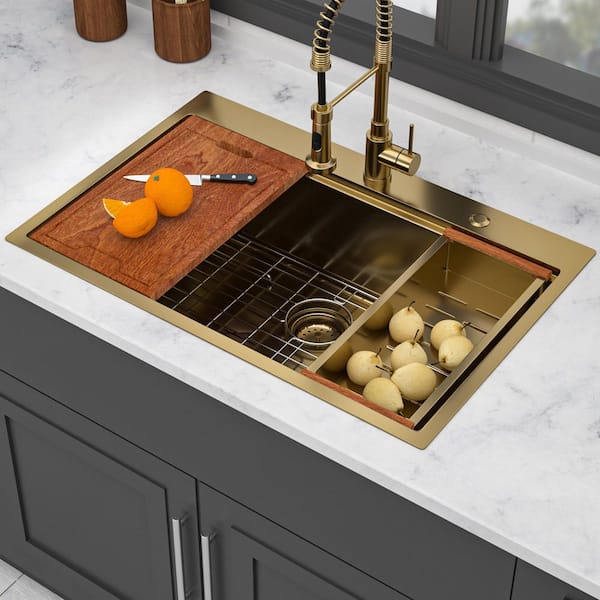 33 in. Drop-In Single Bowl 16 Gauge Gold Stainless Steel Kitchen Sink with Workstation