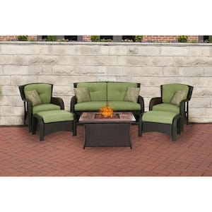 Strathmere 6-Piece Woven Patio Seating Set with Wood Grain-Top Fire Pit with Cilantro Green Cushions