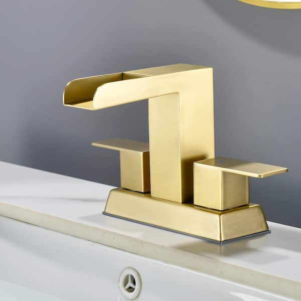 4 in. Centerset Double Handle Bathroom Faucet with Drain Kit Included, Waterfall Bathroom Faucet in Brushed Gold