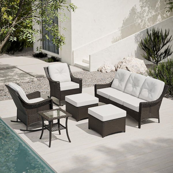 Brown 5-Piece Wicker Patio Conversation Set with Rocking Chairs, Outdoor Sofa Seating Set with Olefin Beige Cushions