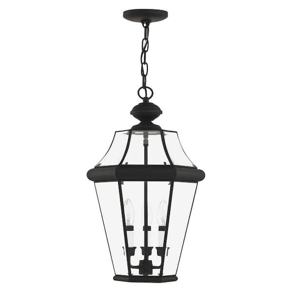 AVIANCE LIGHTING Cresthill 25 in. 3-Light Black Dimmable Outdoor Pendant Light with Clear Beveled Glass and No Bulbs Included