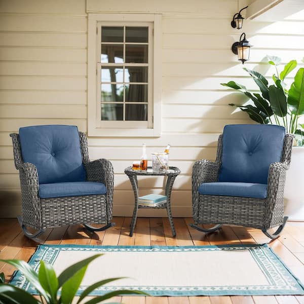Opohoro ArcoBay 3-Piece Gray Wicker Outdoor Rocking Chairs Patio Conversation Set with Navy Blue Cushions and Side Table