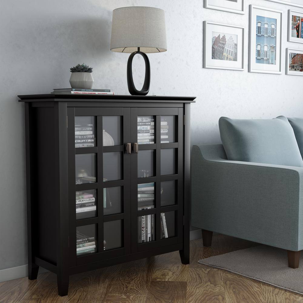 Simpli Home Artisan 38"W Solid Wood 4-Shelf Medium Storage Cabinet with Glass Doors and Adjustable Shelves