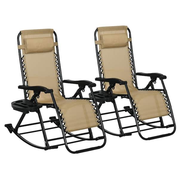 Beige Steel Outdoor Rocking Chair 2-Pieces, Foldable Reclining Zero Gravity with Pillow