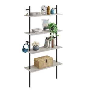 Industrial 65.35 in. H Retro Grey Oak Light 4-Shelf Wall-Mounted Ladder Shelf With 6 Hooks