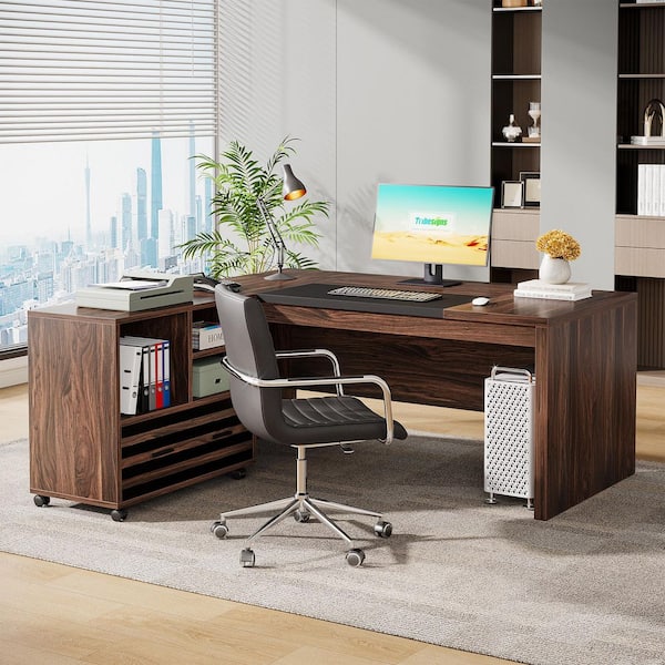 Halseey 62.2 in. x 31 in. Executive L-Shaped Brown Black Wood Drawer Computer Desk Set Mobile File Cabinet Workstation