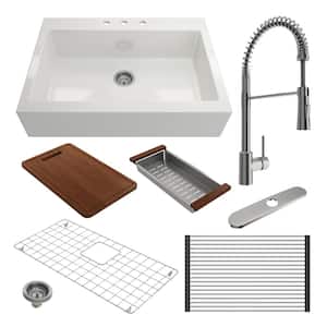 Nuova White Fireclay 34 in. Single Bowl Drop-In Apron Front Kitchen Sink withFaucet