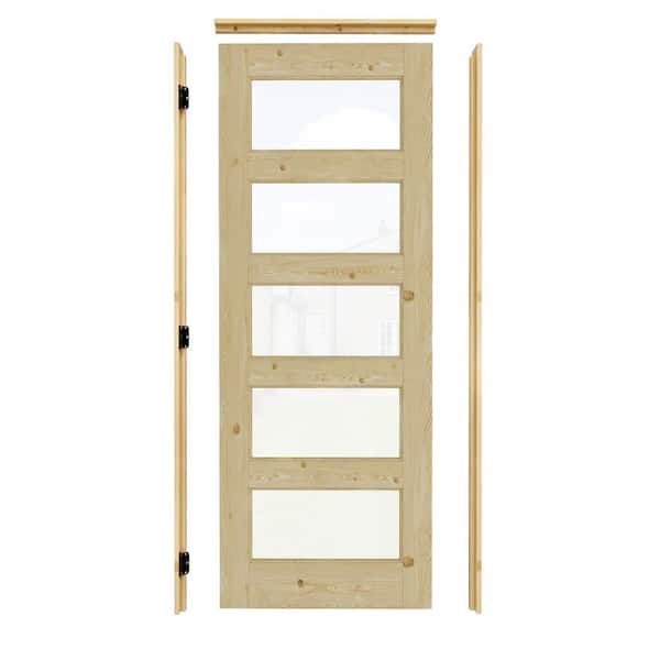 ARK DESIGN 30 in. x 80 in. Left-Handed 5-Lite Clear Glass Unfinished Pine Wood Prehung Front Door with Quick Assemble Jamb