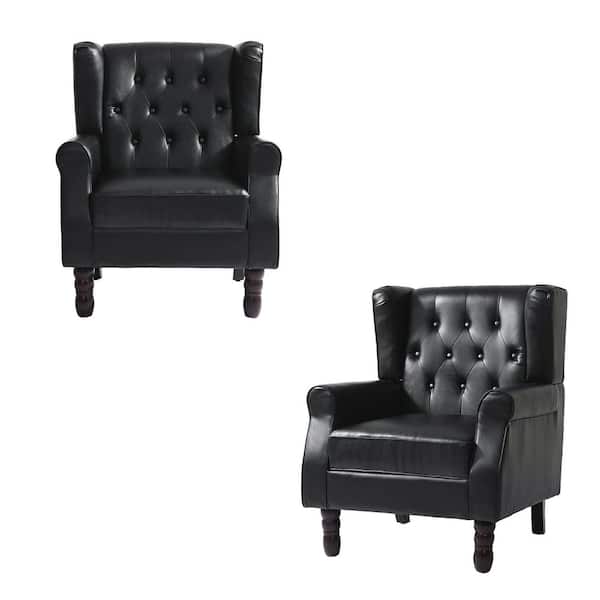 Black PU Leather Button Tufted Design Accent Arm Chair (Set of 2)