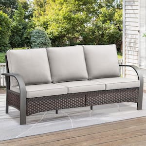 TwilightZone Brwon Wicker Patio Sofa 3-Seater Seactional Outdoor Couch with Thick Deep CushionGuard Beige Cushions