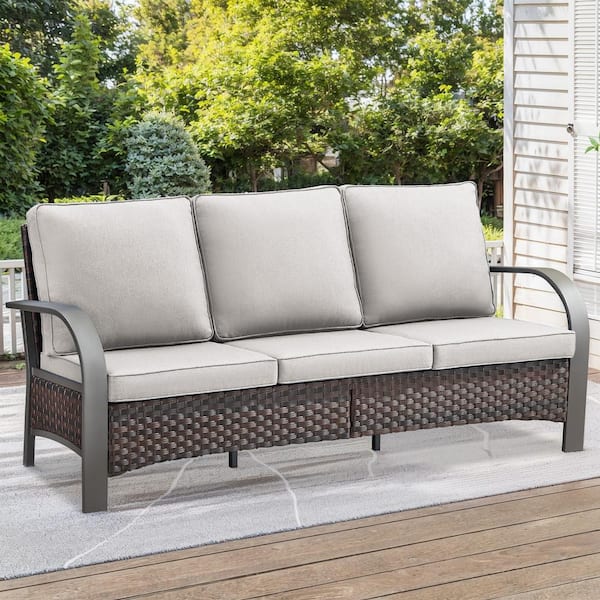 Gymojoy TwilightZone Brwon Wicker Patio Sofa 3-Seater Seactional Outdoor Couch with Thick Deep CushionGuard Beige Cushions
