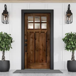36 in. x 80 in. Craftsman Alder Right Hand 6-Lite Clear Provincial Stain Wood/Dentil Shelf Single Prehung Front Door