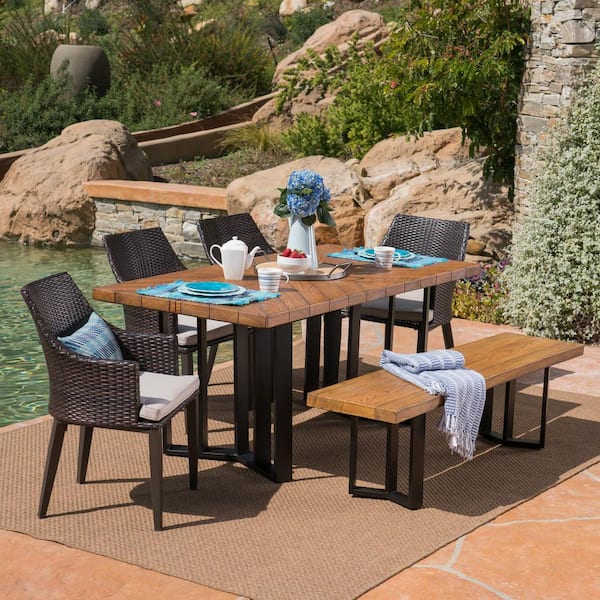Noble House Eliza Multi-Brown 6-Piece Faux Rattan Rectangle 29.75 in. Outdoor Dining Set with Light Brown Cushions