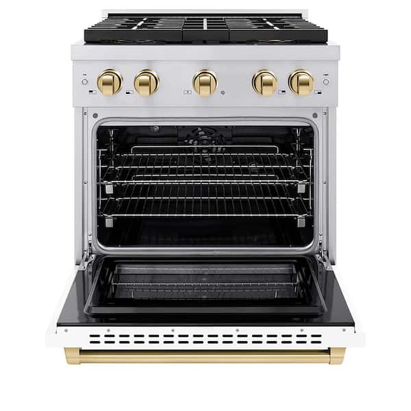 Autograph 30 in 4.2 cu ft Dual Fuel Range with 4 Burner Cooktop and Electric Oven in Stainless with White Matte and Gold