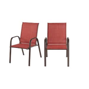Mix and Match Brown Steel Sling Outdoor Patio Dining Chair in Chili Red (2-Pack)