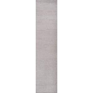 Aarhus High-Low Minimalist Scandi Striped Gray/Ivory 2 ft. x 8 ft. Indoor/Outdoor Runner Rug