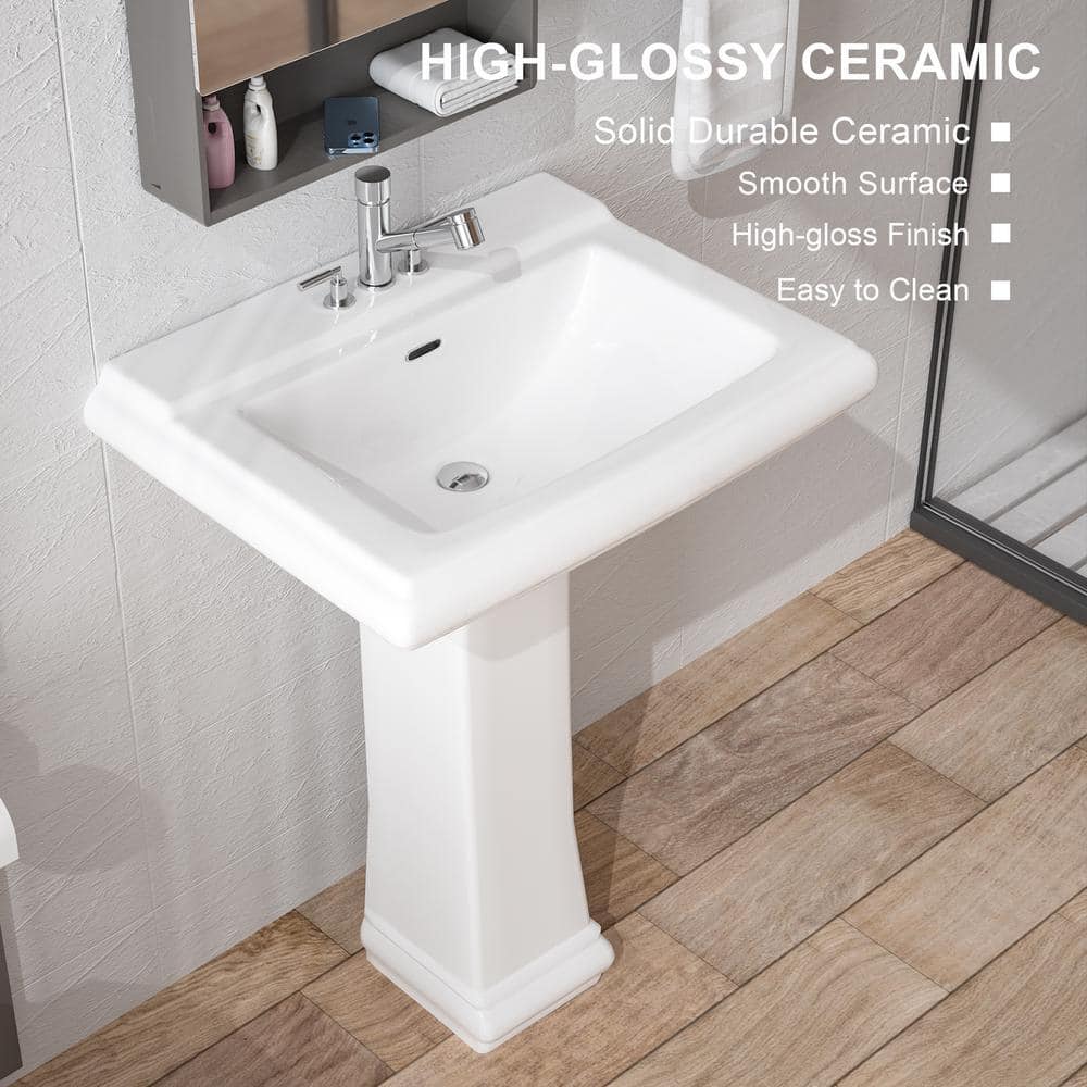 White Rectangular Ceramic Pedestal Sink with Overflow