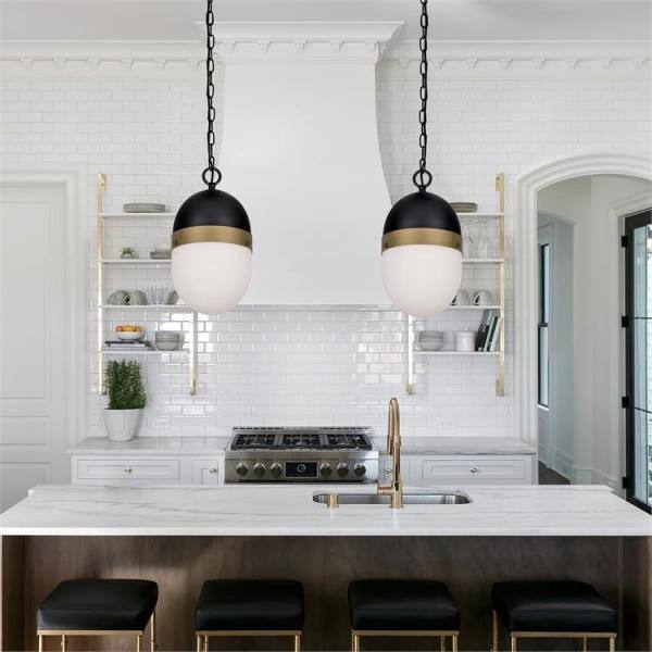 Matte Black and Gold 3-Light Opal Glass Globe Pendant